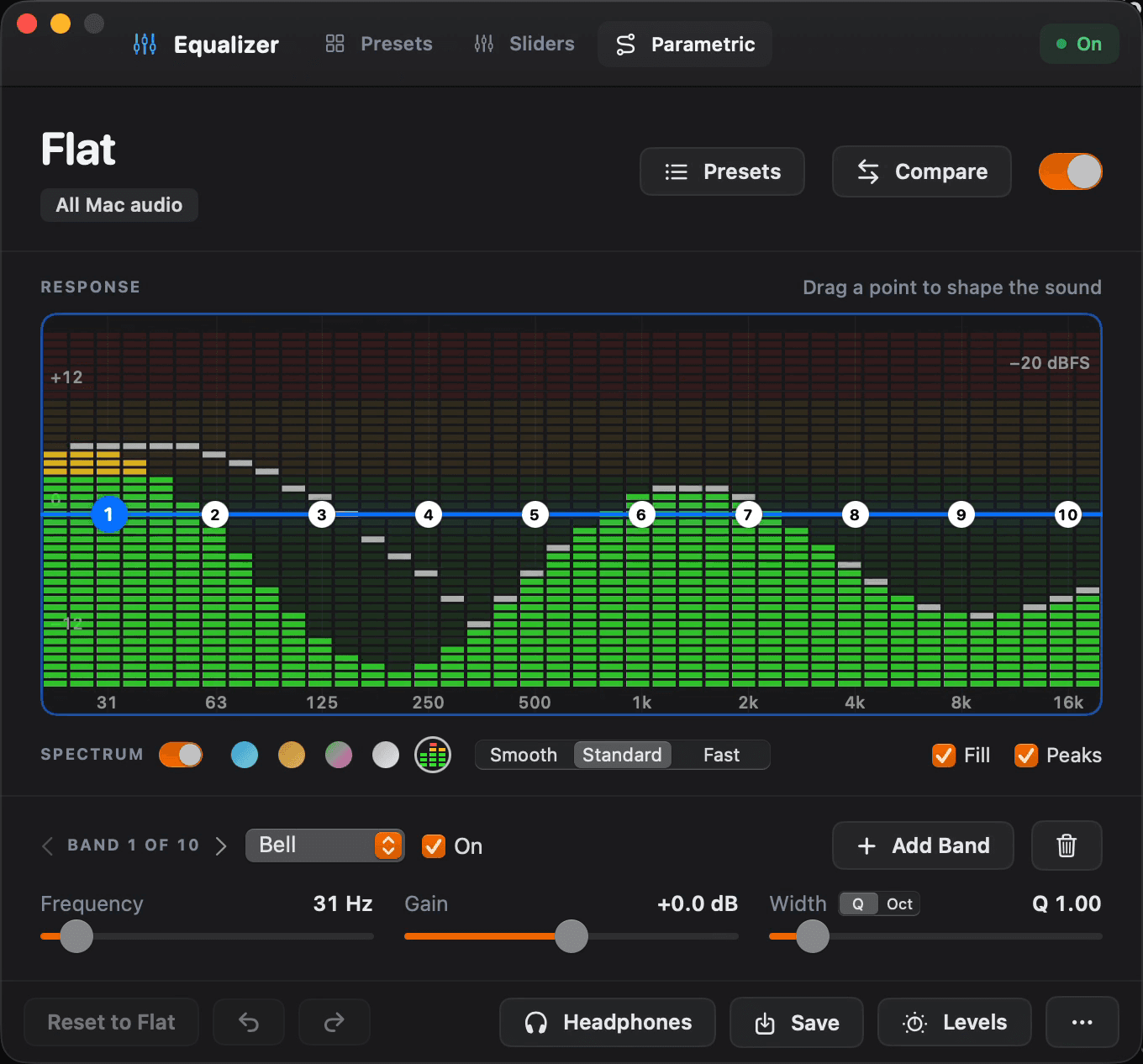 The Parametric tab, with a live spectrum and ten editable bands