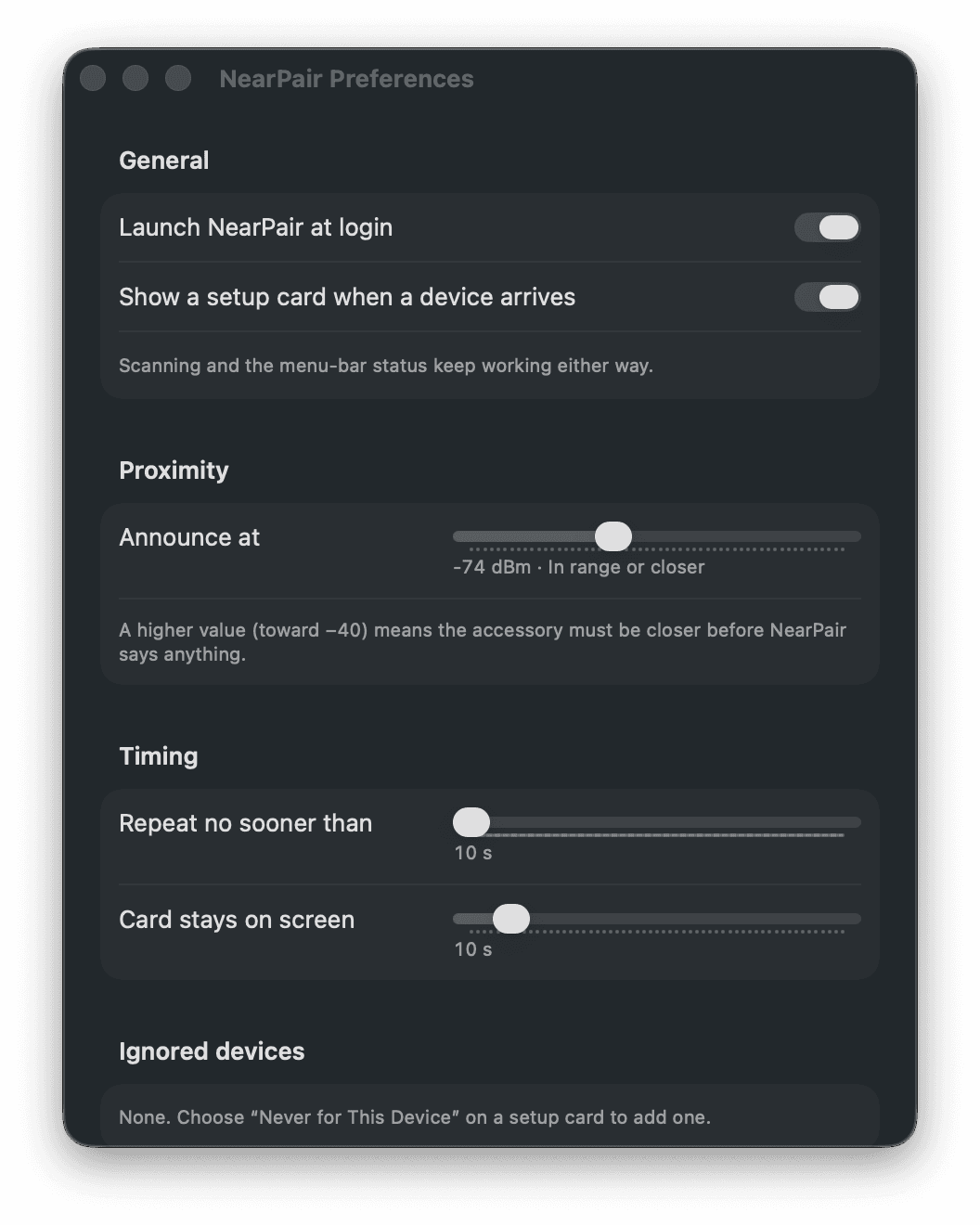 Actual NearPair Preferences window with General, Proximity, Timing, and Ignored devices controls