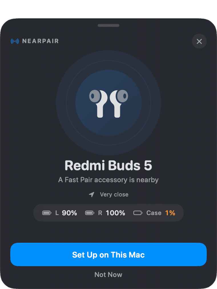 NearPair setup card showing nearby earbuds