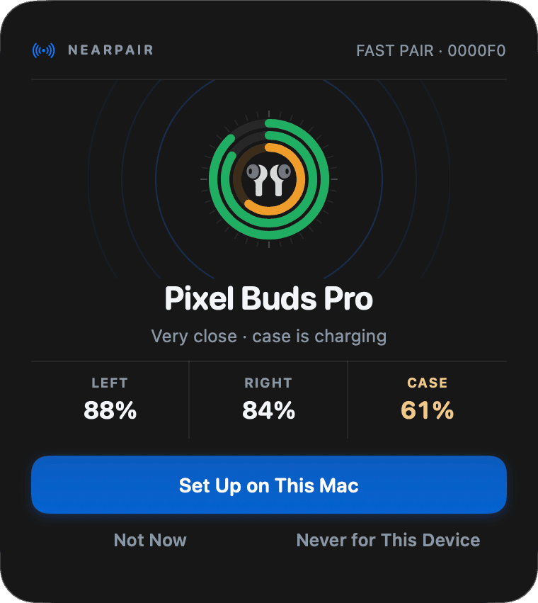 NearPair setup card offering to connect Pixel Buds Pro on a Mac